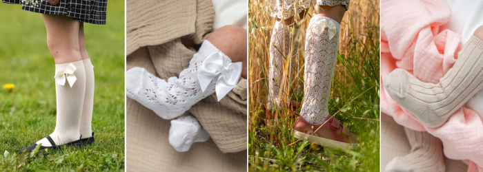 Cóndorin ribbipolvisukat, pitsipolvisukat, polvisukat rusetilla sekä pitsipolvisukat rusetilla